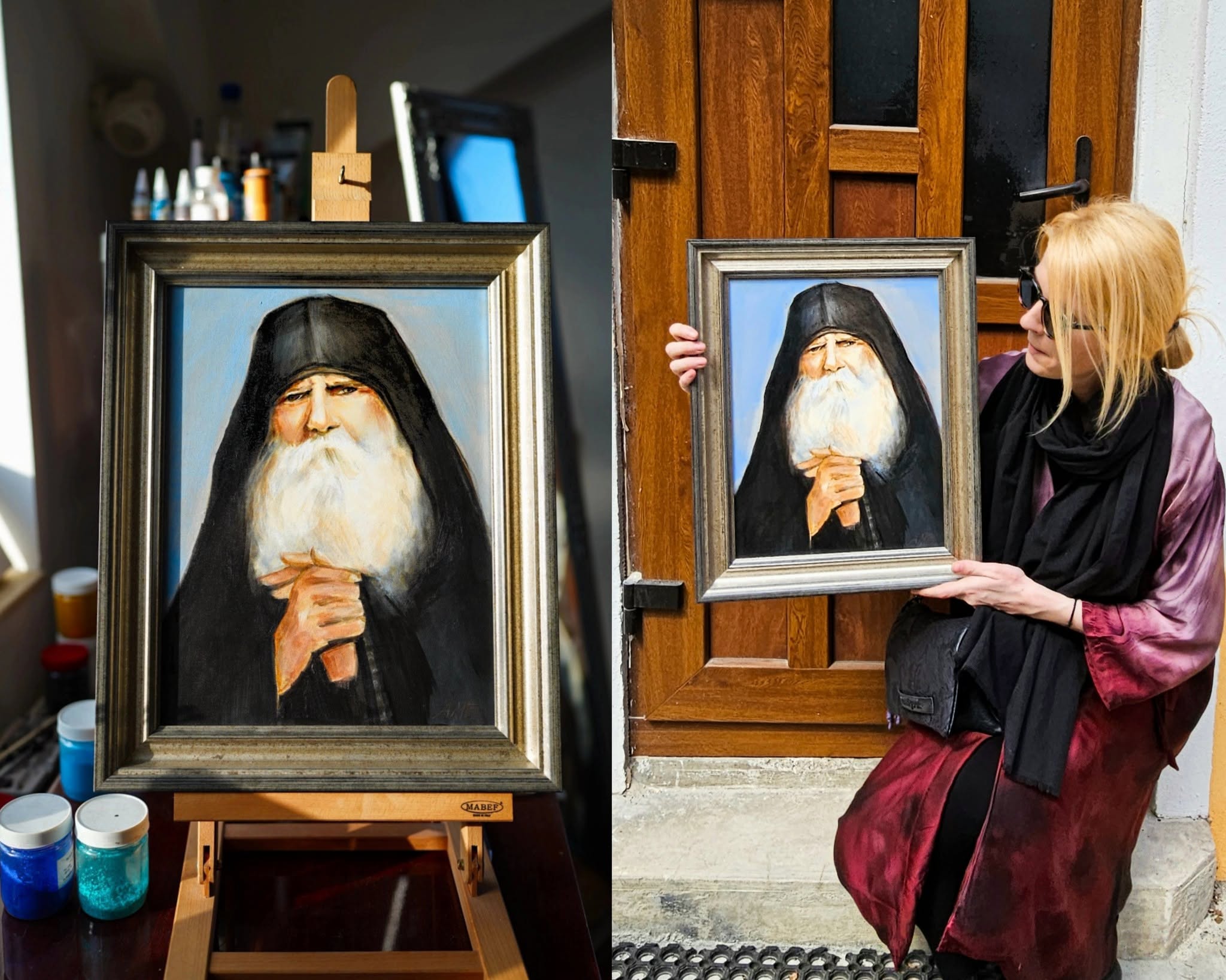 A collage showing the framed portrait on an easel and the artist holding the same work.
