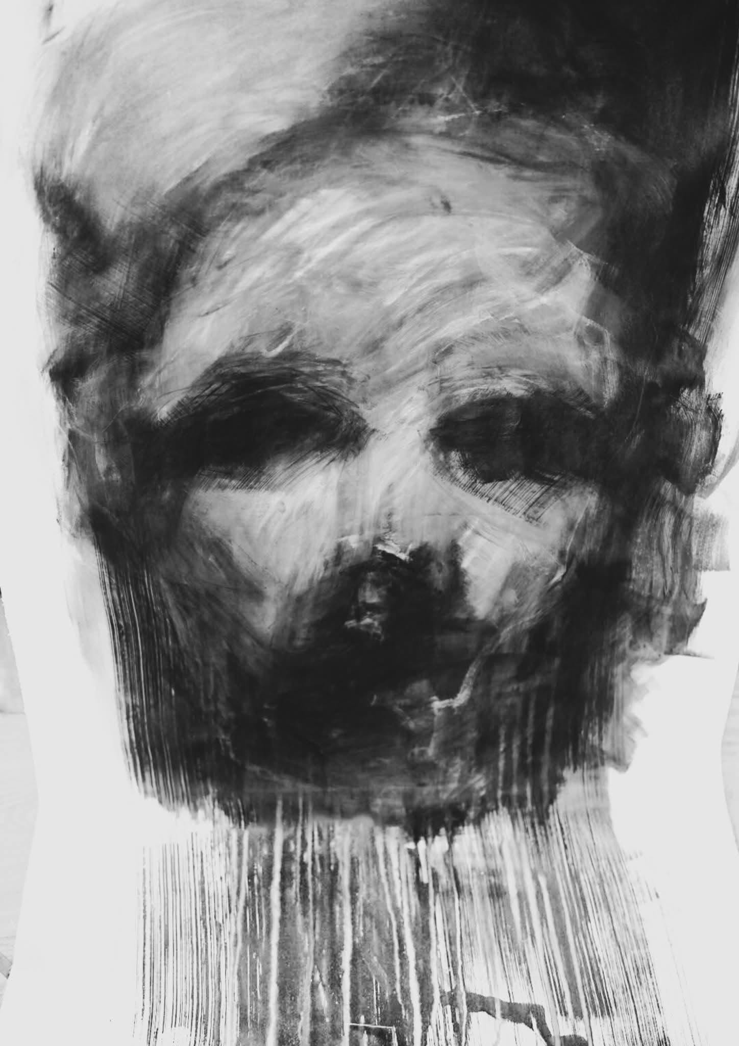 A frontal black-and-white portrait with vertical trails of paint.