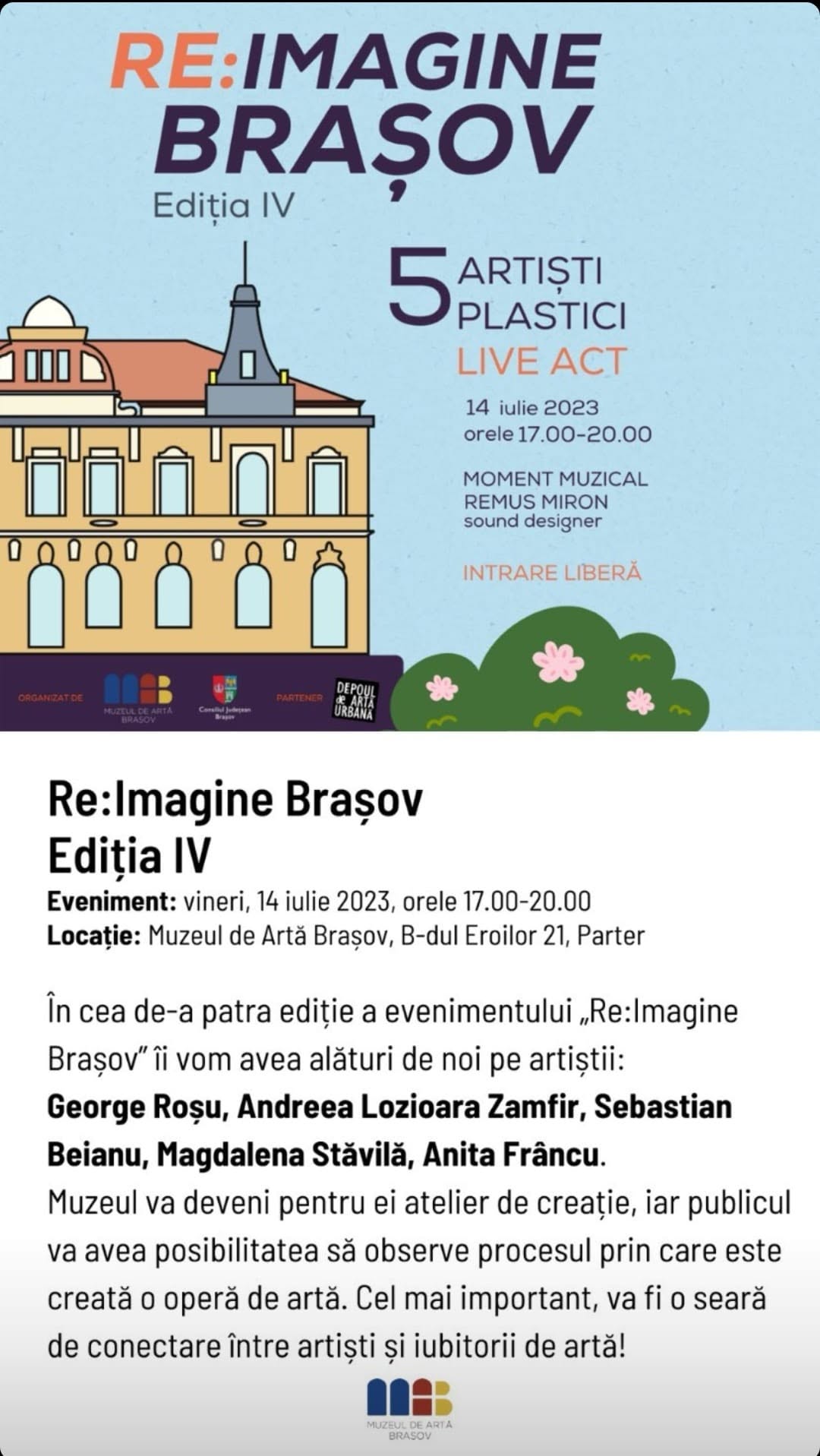 Poster and announcement for the fourth edition of RE:Imagine Brașov on 14 July 2023, with five visual artists and music by Remus Miron.